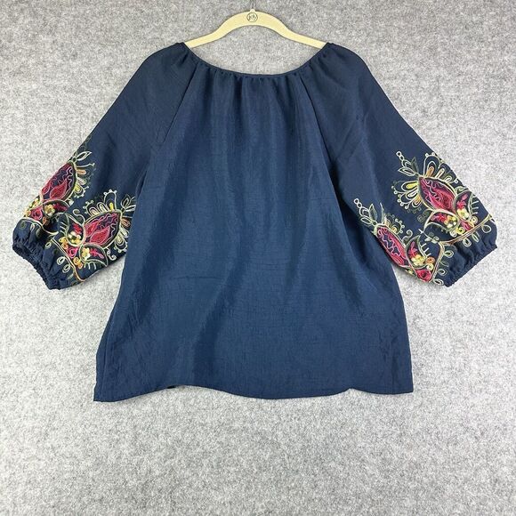 Olivia & Martin Woven Top Womens M Blue Embroidered Sleeves Boho Pullover Blouse - Picture 6 of 12